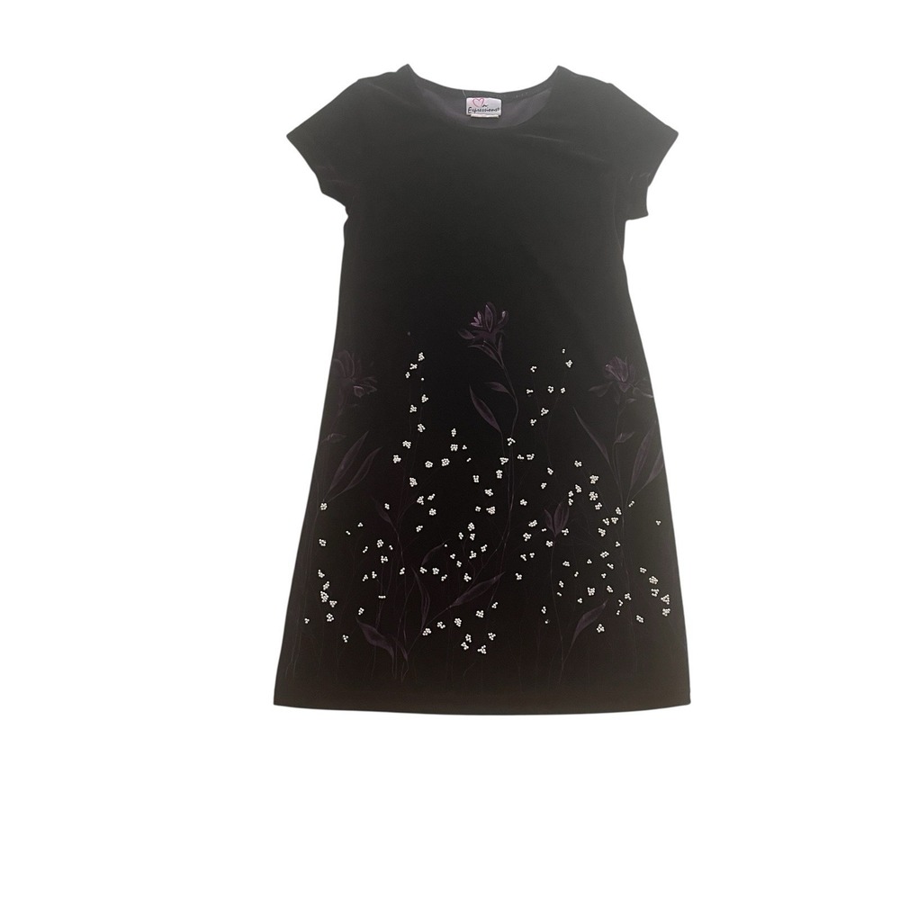 VTG Expressions Girls Size M 7/8 Dress Purple Velvet‎ Floral Beaded Cap Sleeve